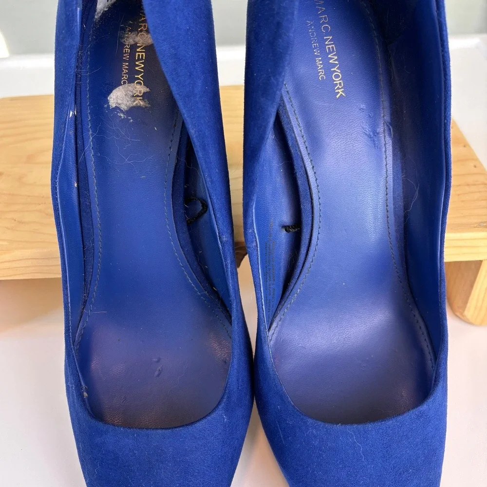 Marc New York Royal Blue Suede Pointed Toe Block Heel Pumps Gold Trim 10M
